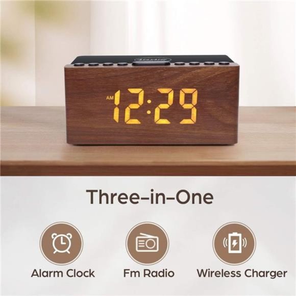 Wooden Digital Alarm Clock FM Radio, Fast Wireless Charger Station for iPhone - Picture 2 of 6